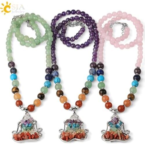 CSJA Natural Stone 7 Chakra Pendant Necklace Reiki Yoga Bead Healing Crystal Meditation Women Necklaces Lobster Clasp Chain G372