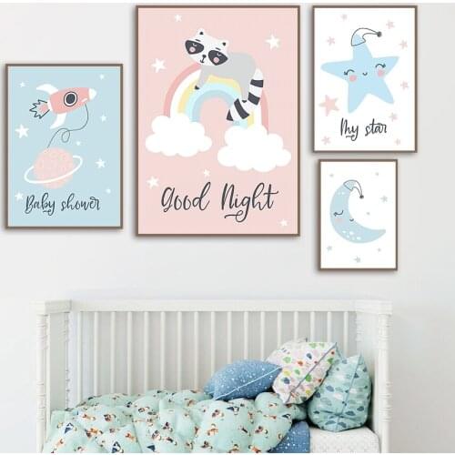 Stars moon rainbow cloud raccoon planet Nursery Wall Art Canvas Painting Nordic Posters And Prints Wall Pictures Kids Room Decor