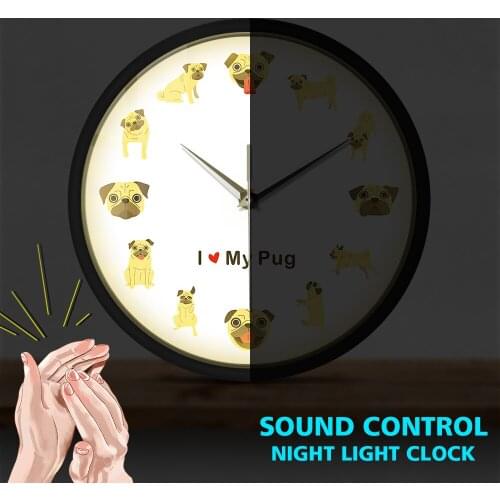 Pug Cartoon Metal Frame Round Clock Puppy Dog Pet Voice Control Watch Printed Timepiece Night Light Lamp
