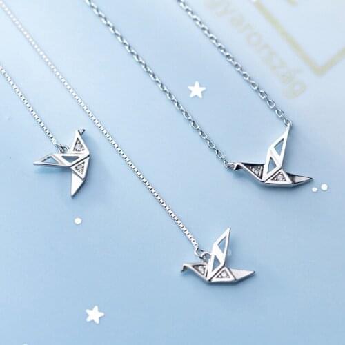 Coluiswei High Quality 925 Sterling Silver Paper Crane Bird Long Chain Drop Earrings for Women Romantic Sterling Silver Jewelry