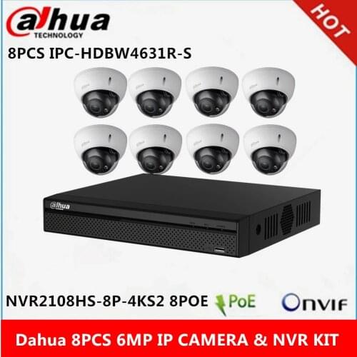 Dahua 8 pcs IPC-HDBW4631R-S 6MP IP Camera & NVR2108HS-8P-4KS2 8ch with 8 poe ports CCTV Camera System support p2p