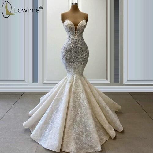 Elegant Mermaid Lace Wedding Dresses Sweetheart Neck Floor Length Pearls Bridal Gowns Custom Made