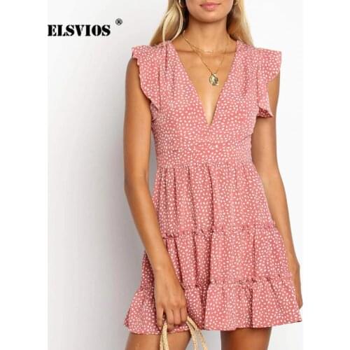 ELSVIOS Ladies V-neck Floral Print Pleated Party Dress Summer Ruffle Sleeveless Women Sundress Casual Mini Beach Dresses Vestido