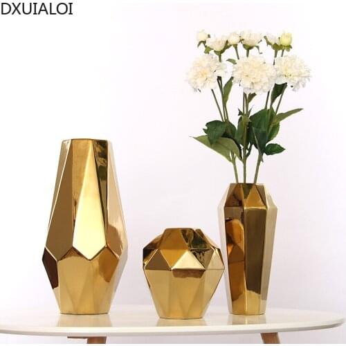 Nordic style electroplating golden geometric abstract ceramic vase home decoration accessories modern ceramic crafts gift