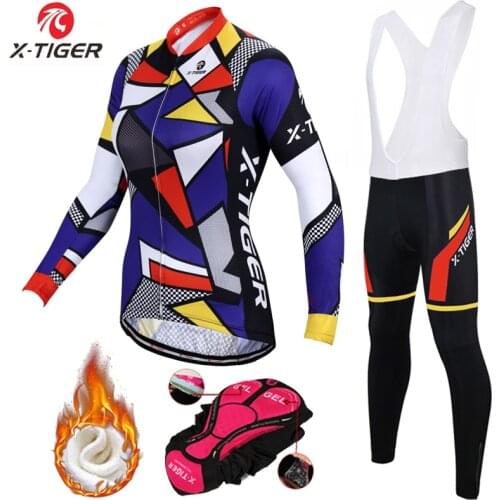 X-Tiger Women Winter Super Warm Cycling Jersey Set Mountian Bicycle Sportswear Thermal Fleece Cycling Bike Clothing