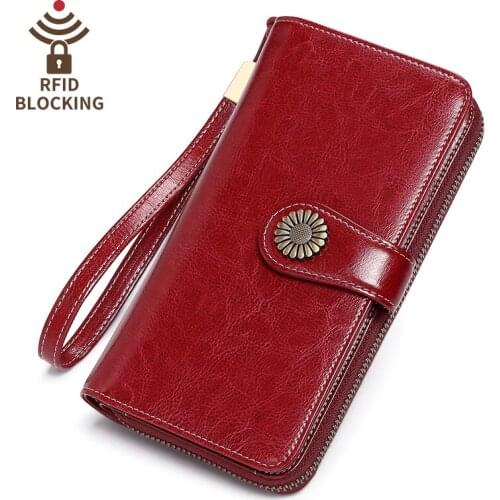 Genuine Leather RFID Blocking Wallet Fashion Cowhide Women Purses Zipper Anti-magnetic Mobile Phone Credit Card Holder Burse
