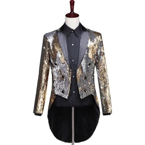 Mens Reversible Two Tone Sequin Suit Jacket Peak Lapel Tuxedo Tailcoat Prom Wedding Formal Fancy Dress Costume Outfit 903-B358