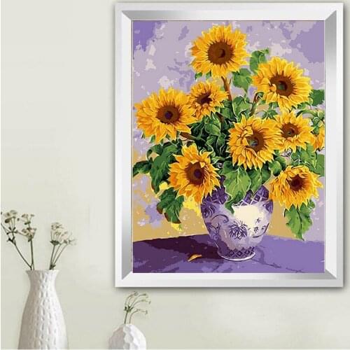 Hand painted DIY Digital Oil Paintings On Canvas painting by numbers wall art picture Home Decor Sun flower in vase TF56