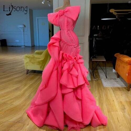 Hot Pink Ruffles Mermaid Prom Dresses 2020 Real Image Elegant Long Prom Gowns Big Bow Fashion Formal Party Dress