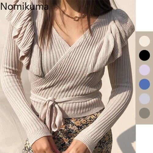 Nomikuma Korean Bow Bandage Slim Short Knitted Cardigan Sweet Ruffle Patchwork Sweater Causal V-neck Sexy Knitwear Tops 6D739
