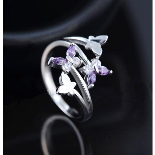 Garilina Simple Fashion Jewelry Wholesale Silver Color purple Cubic Zirconia Butterfly Ring For Women AR2292