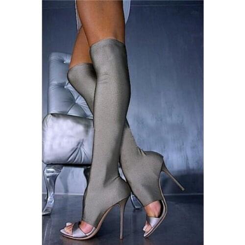Sexy Woman Thigh High Heels Boots Over The Knee High Heel Boot Peep Toe Stretch Long Boots Elastic Fabric Sock Party Shoes Woman