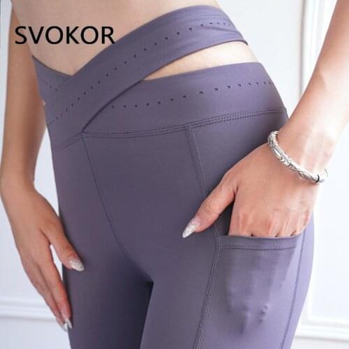SVOKOR Sport Leggings With Side Pockets Women High V-waist Fitness Push Up Legging Mesh Training Mujer Gymwear Athletic
