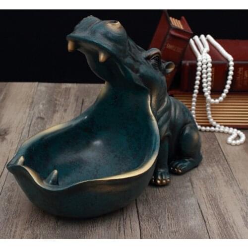 Resin Hippo Statue Hippopotamus Sculpture Figurine Key Candy Container Sundries Storage Holder Home Accessories Gift