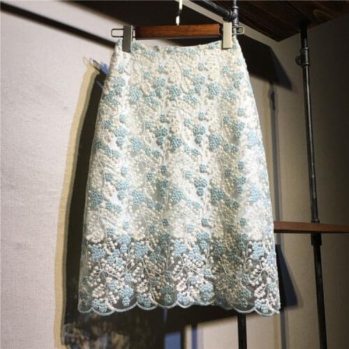 High Waist Skirt Women Elegant Office Pencil Skirts Korean Style Prairie Chic Mesh Embroidery Lace Skirt