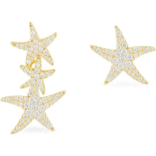 SLJELY Luxury Real 925 Sterling Silver Gold Color Asymmetric Starfish Sea Stars Earrings Pave Zircon Women June Tropical Jewelry