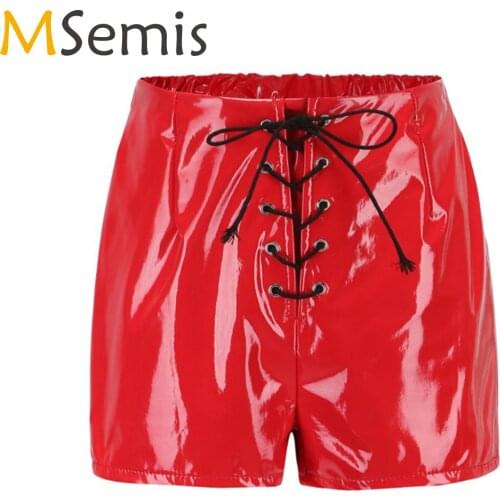 Women Patent Leather Summer Hot Shorts High Waist Lace-up Sexy Female Short Leggings Sissy Lingerie for Ladies Pole Dancing