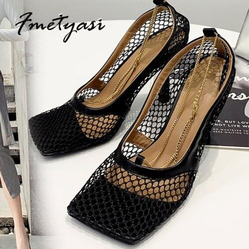Summer Sandals 2021 New for Women Air Mesh Pumps Hollow Covered High Heels Square Toe Slip-on Ladies Shoes Comfortable