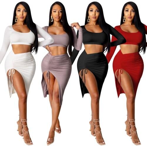 Solid Color Skirt Suit Women Long Sleeve Short Tops + Asymmetrical Hems Drawstring Skirts Sexy Club Party Ladies Two Piece Set