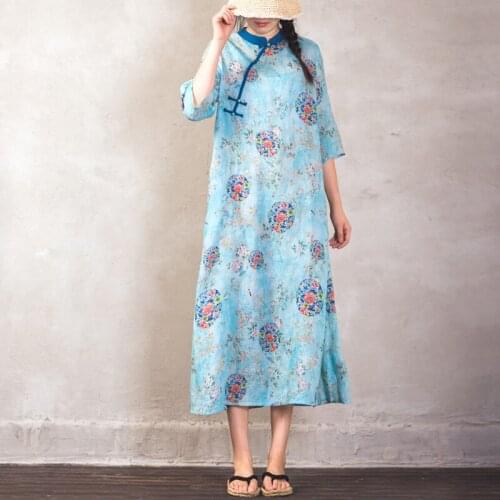 LZJN 2020 Women Retro Cotton Linen Floral Print Dress Short Sleeve Loose Long Stand Plate Buckle Cheongsam Chinese Dresses