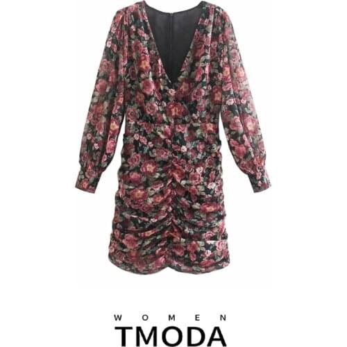 TMODA968 2021 New Women Vintage V Neck Floral Print Striped Pleated Mini Dress Female Pleat Puff Sleeve Casual Slim Vestido