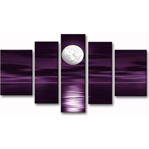100% Hand Painted Oil Painting on Canvas Purple Skyline Sea White Full Moon Night Wood Framed Landscape Wall Art Painting Abstr