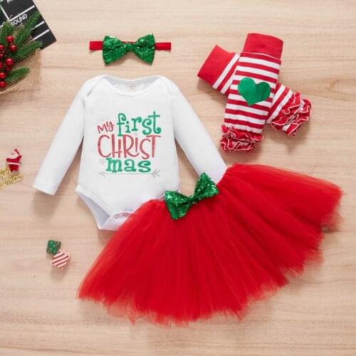 3Pcs Baby Girls Clothing Infant Baby Girls Christmas Xmas Letter Printed Romper Bodysuit+Tulle Skirts Outfits Kids Suit