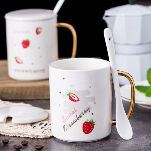 400ML Simple Japanese Style Creative Tea Cup Mug With Lid White Ceramic Coffee Spoon Ceramic Strawberry Cup