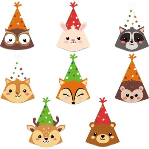 8pcs/set Jungle Woodland Party Hats Baby Shower Cartoon Animals Party Hats Kids Happy Birthday Party Decoration Supplies