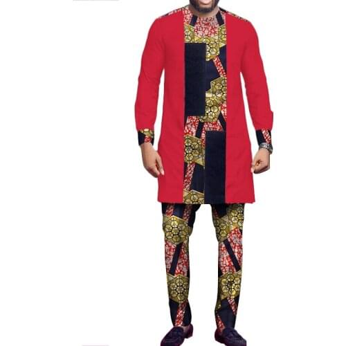 African Outfits for Men African Print Pants and Tops Set Men Long Sleeve Dashiki Shirt Trouser Bazin Riche African Top WYN527