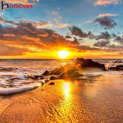 Huacan 5d Diy Diamond Painting Seaside Sunset Landscape Wall Sticker Diamond Mosaic Embroidery Beach Scenery Diamond Art