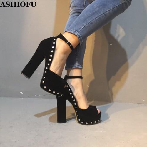 ASHIOFU Real Photos Ladies Chunky Heel Pumps Rivets Spikes Peep-toe Party Prom Dress Shoes Ankle Strap Evening Fashion Shoes