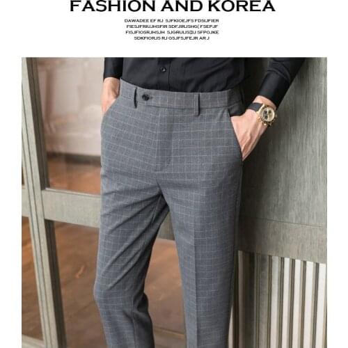 Business Style Mens Pants Slim Fit Grid Breathable Spring Autumn Straight Tllbe Button Business Formal Male Trousers