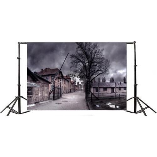 Photography Backdrop Shabby Chic Old Village Vintage Metal Gate Trees Dark Cloud Nature