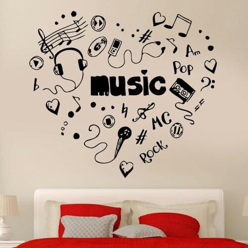 Music Heart Wall Decal Words Headphones CD Cool Rock Pop Song Vinyl Window Stickers Bedroom Music Studio Interior Decor M948