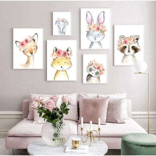 Giraffe Rabbit Deer Animals Print Nursery Wall Art Canvas Painting Flowers Nordic Cartoon Wall Pictures Kids Room Decor