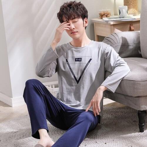 New Arrival Nightgowns For Men Classic Breathable Print Big V Nightsuit Homme Long Sleeve Cotton Round Neck Nightdress