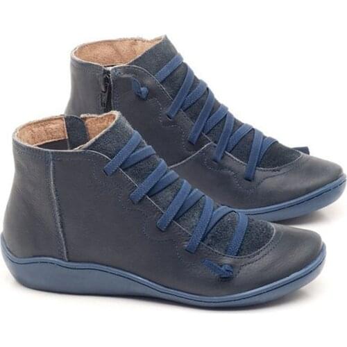 New Womens Casual Flat Leather Retro Lace-up Boots Side Zipper Round Toe Shoe Leather Ankle Boots Zapatos Mujer Wram Botas