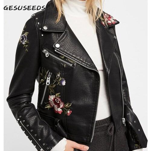 Vintage faux leather jacket women elegant turn down coat floral embroudery jackets black belt coat zipper beige leather top fall