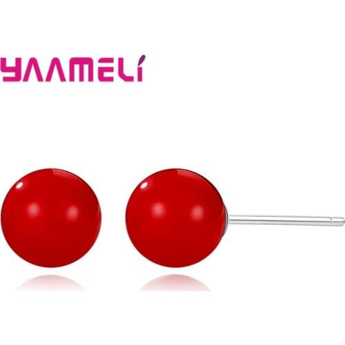 Simple Red Beads Earrings Classic Round Shape Crystal 925 Sterling Silver Made Jewelry for Little Girl Women 2 Size High Quality