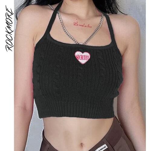 Rockmore Knitted Halter Crop Top Sexy Chain Tank Tops Y2K Aesthetic Sleeveless Corset Top Women Streetwear E Girl Tee Camis 2021