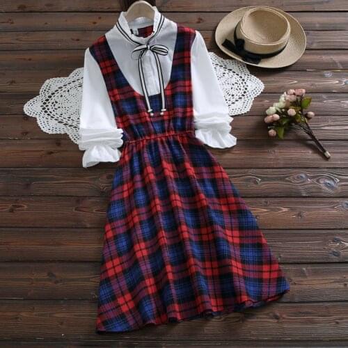 Spring Autumn Lady Bowknot Cotton Linen Vintage Long Women Long Sleeve Plaid Dresses