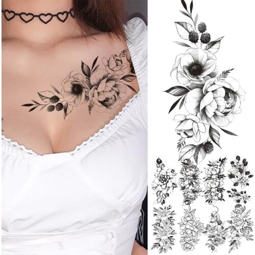 Black Thorns Peony Temporary Tattoos Women Girls Fake Leaf Rose Dahlia Realistic Tattoo Sticker Transfer Tattos Chest Shoulder