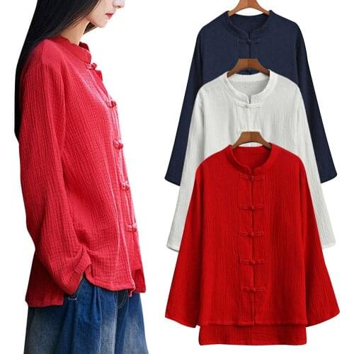Womens Chinese Shirt Cotton Linen Frog Button Tang Suit Tops Youtuber Liziqi Loose Fit Blouse Kung Fu Tai Chi Training Uniform