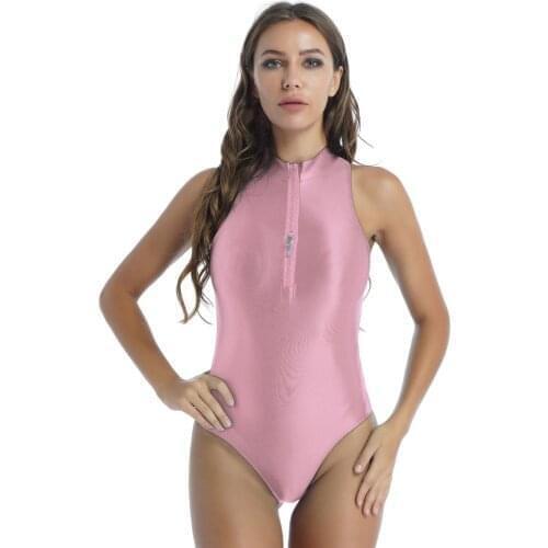 Women Exotic Costumes Glossy Sleeveless Swimsuit Bodysuit Solid Color White Double Zipper Front Leotard Swimwear Jumpsuit