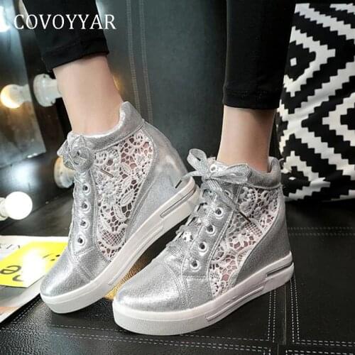 COVOYYAR White Casual Shoes 2019 Spring Autumn Breathable Mesh Platform Women Sneakers Lace Up Hidden Heel Silver Shoes WSN772