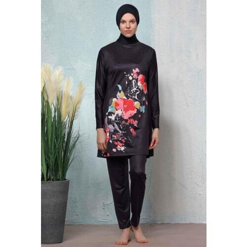 Women Hasema Hijab Modest Muslim Swimwear Flower Patterned Spot Coif Torsolette Tights Swimsuit Long-Sleeve Full Cover Sea Pool