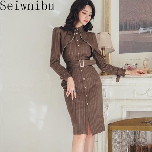 Women 2020 Autumn OL Work Dress Striped Single breasted Simple Slim Bodycon Dresses Korean occupation Pencil Dresses