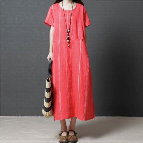 2020 Women Summer Casual Loose Striped Dress Cotton and Linen Short Sleeves Dress With Pocket Vintage Prairie Chic Style Vestido