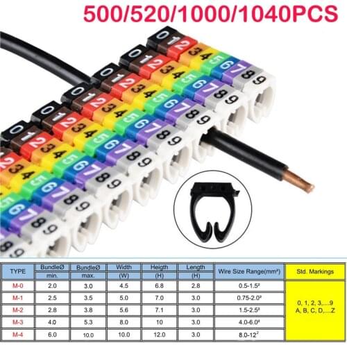 500-1040PCS 0.5mm²-6mm² Arabic Numerals M Type Clip Network Ethernet Wire Number Label Tube Cable Marker Colorful M0 M1 M2 M3 M4